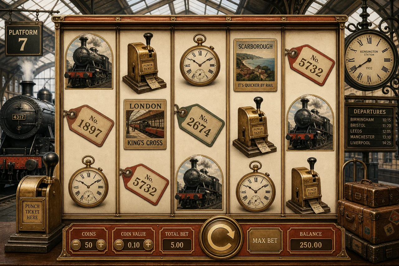 A five-reel vintage train station slot featuring steam locomotive, brass ticket punch, clocks and numbered luggage labels, realistic 1930s railway illustration, terracotta and cream