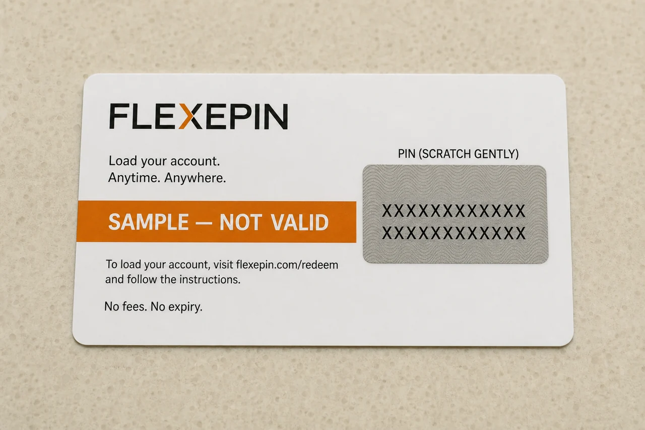 A realistic prepaid voucher specimen on cream counter