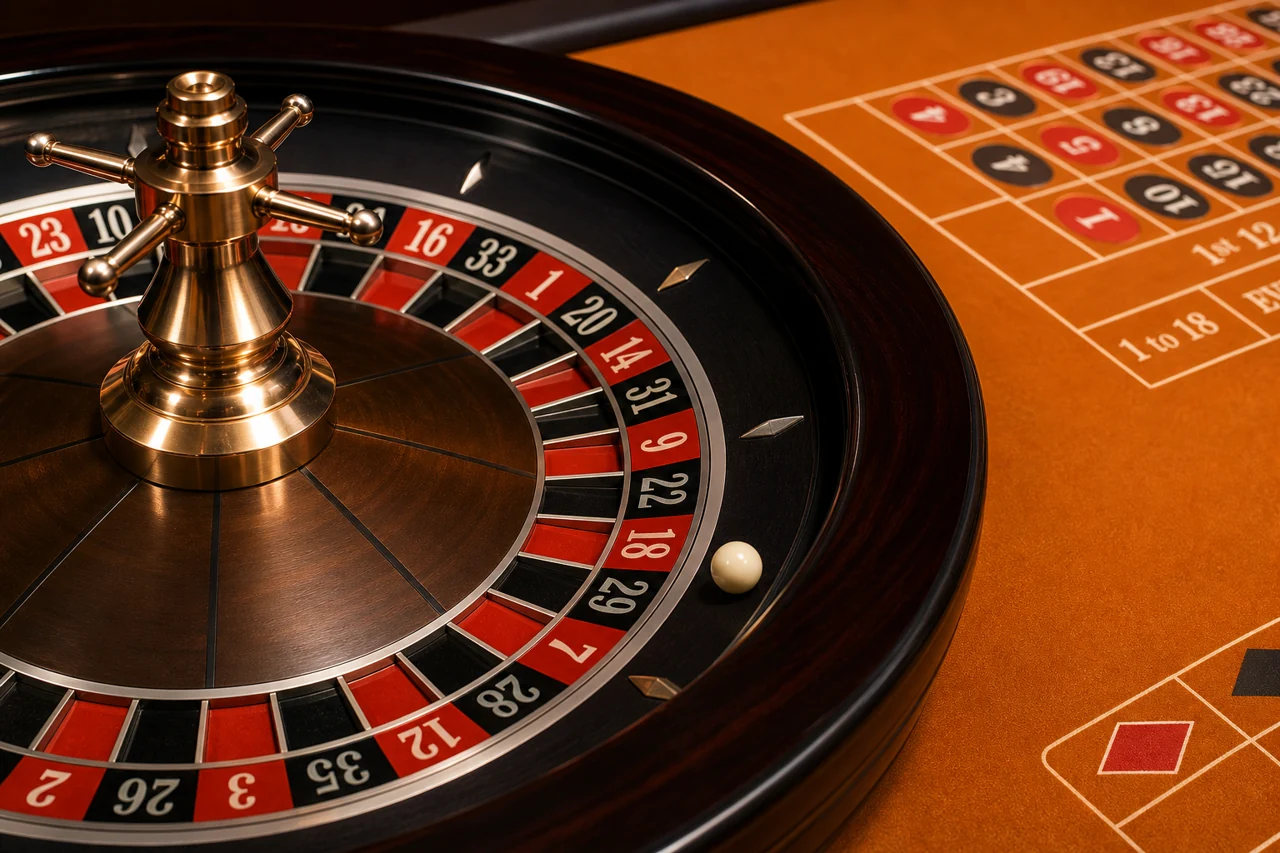 Modern roulette wheel seen from side, ivory ball in track and bronze spokes, warm amber felt, extremely clear casino equipment closeup