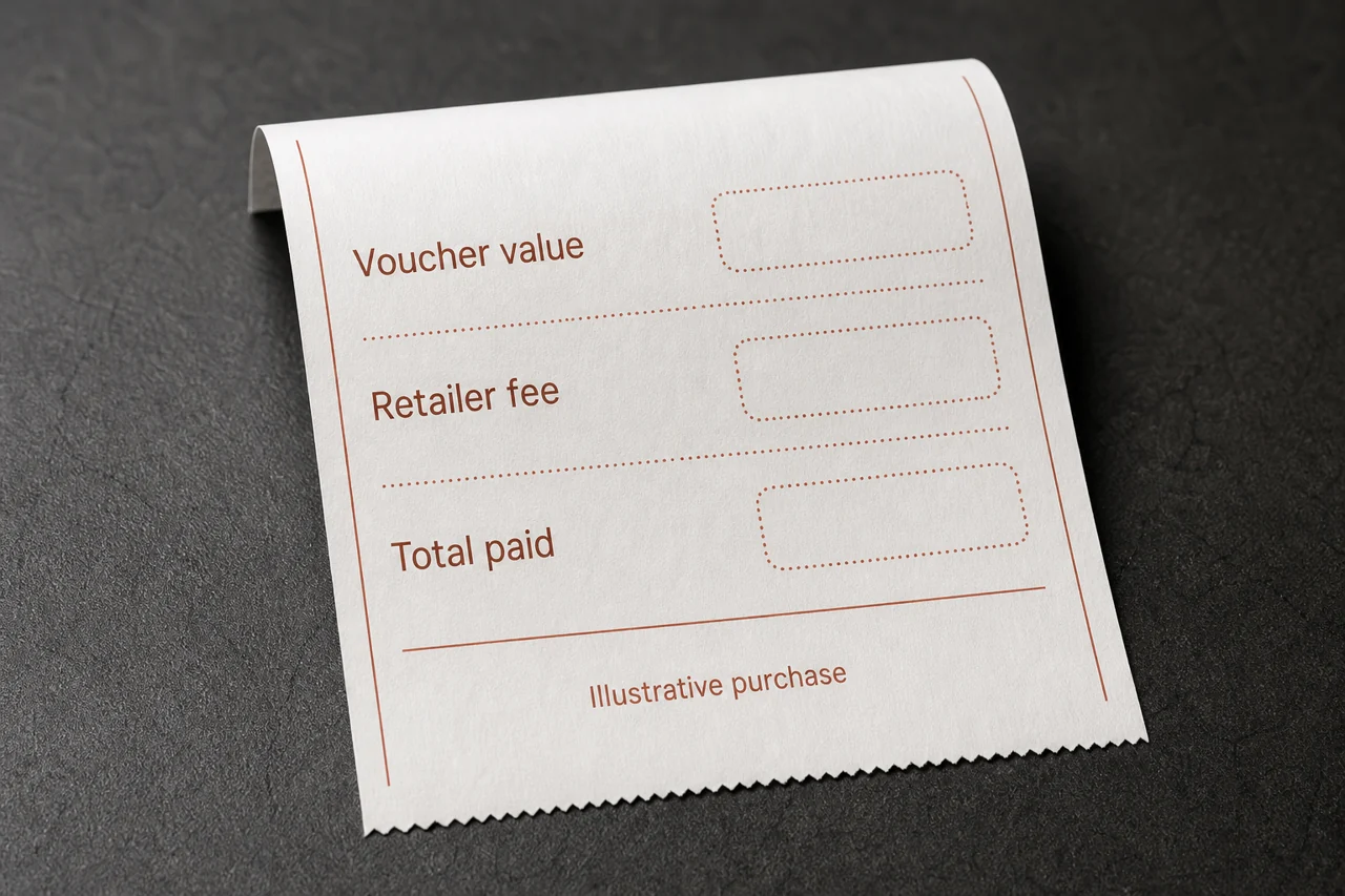 A checkout receipt reading "Voucher value", "Retailer fee", "Total paid" with "Illustrative purchase" under it