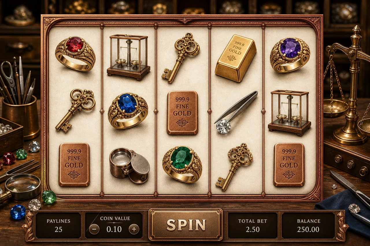 Five reels themed around a goldsmith workshop with gemstones, precision scales, engraved keys and gold ingots, photoreal premium casino illustration in copper and ivory