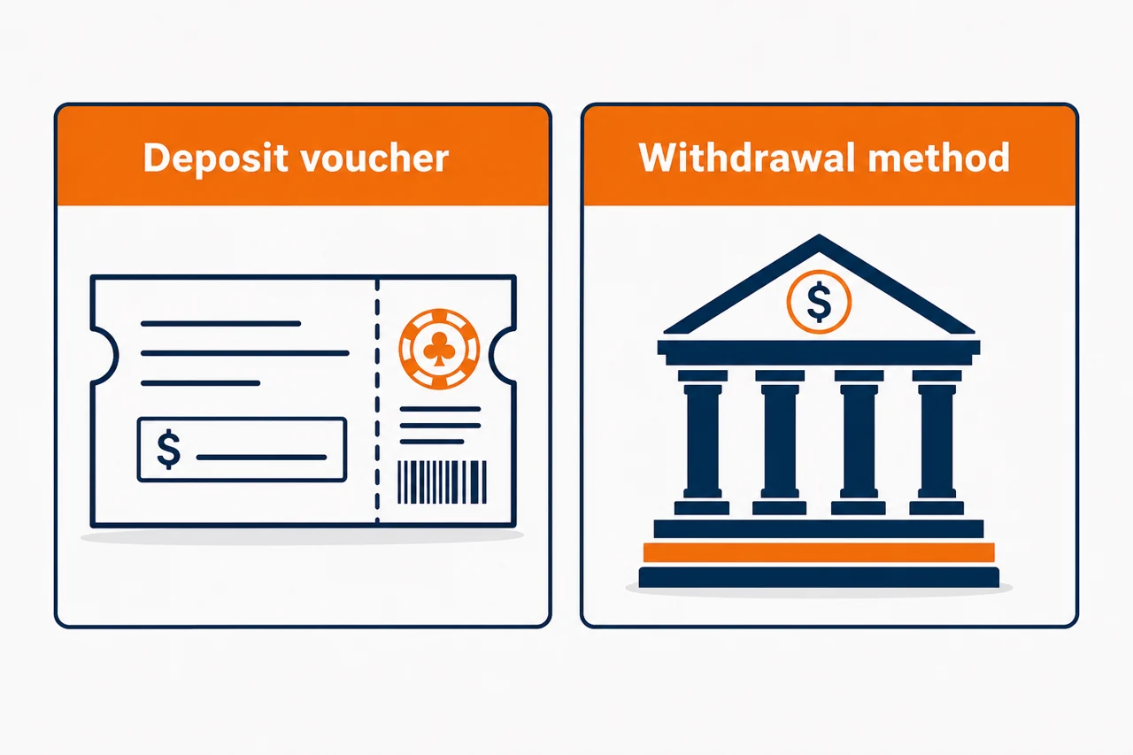 Two separate panels on one tidy paper sheet labelled "Deposit voucher" and "Withdrawal method", a masked voucher sketch beside a bank building pictogram, orange and navy, no arrow guaranteeing conversion